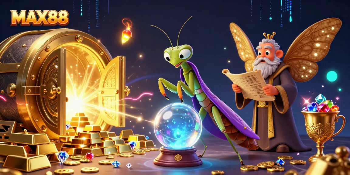 Engage with the mystical MAX88 fortune teller and riches in this vibrant casino illustration.