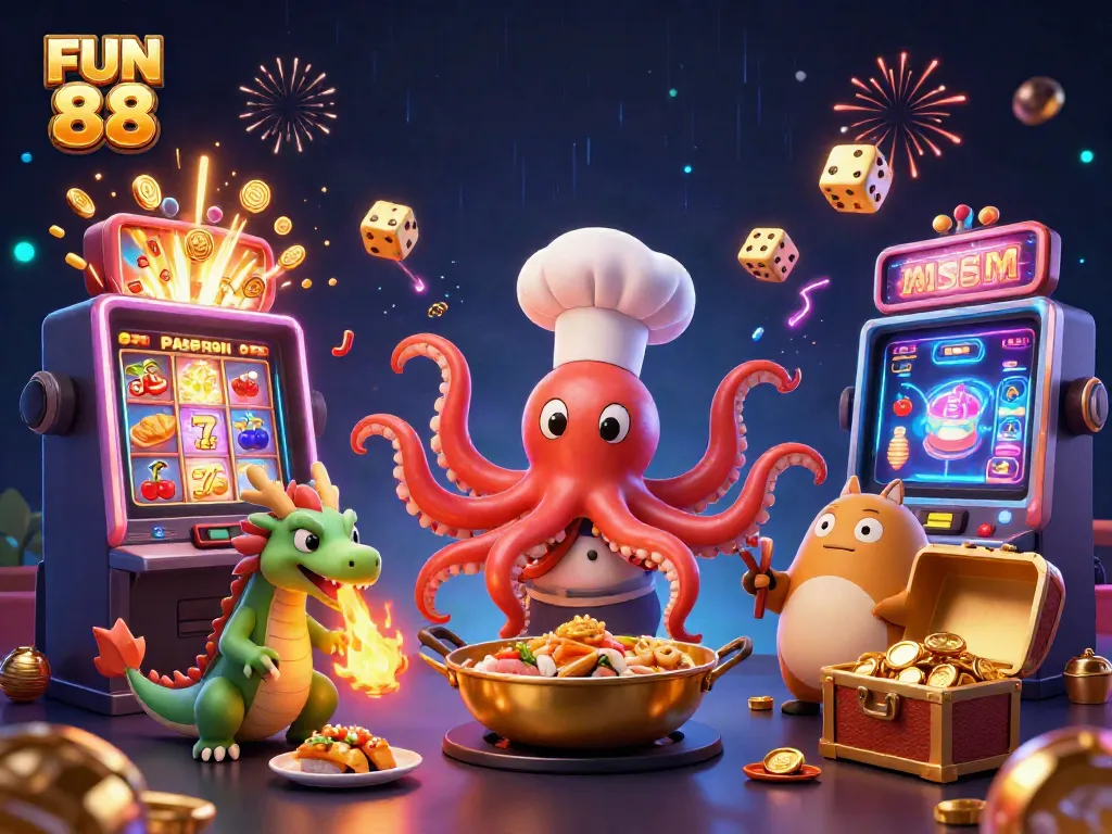 Experience the excitement of FUN 88 with engaging casino gameplay surrounded by golden treasures and dynamic characters.