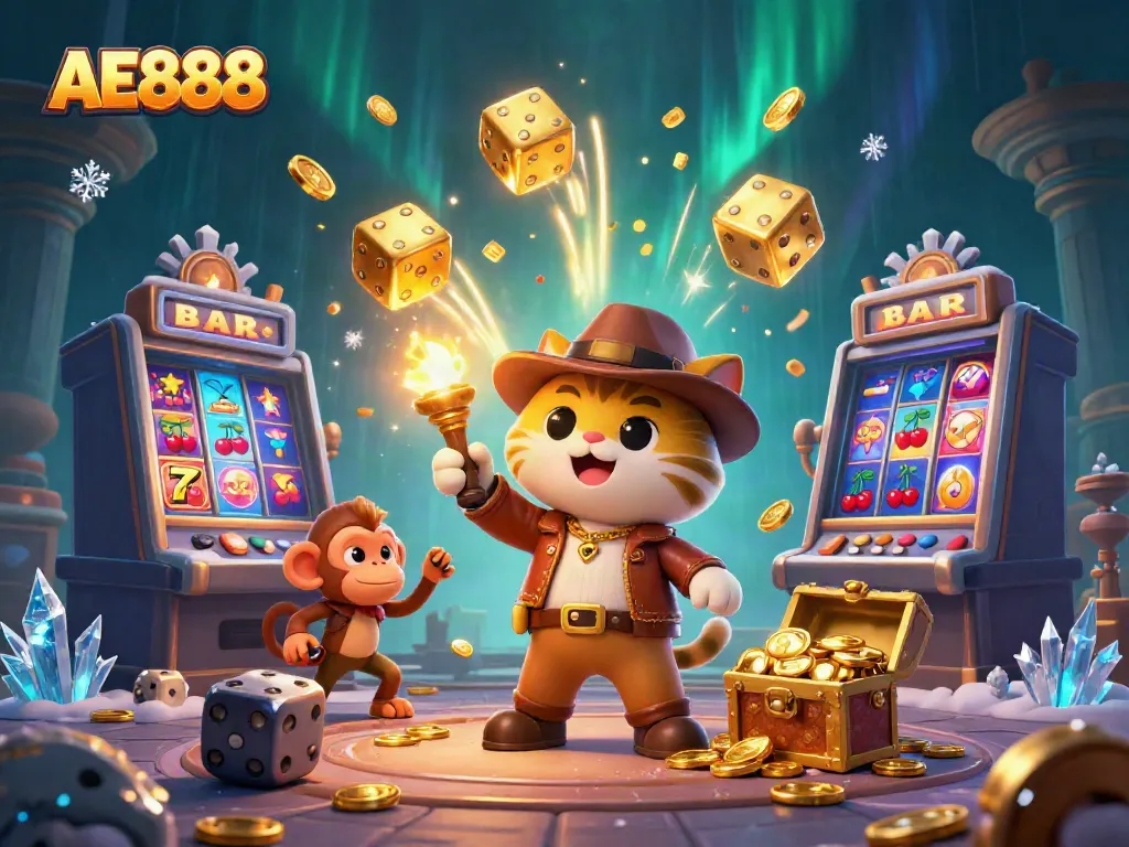 Experience the thrilling world of AE888 with a vibrant treasure quest featuring a cat explorer and monkey amidst casino wonders.