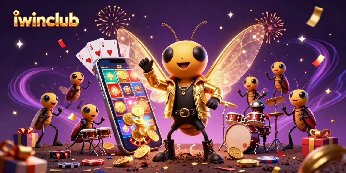 Experience the excitement at iwinclub with a vibrant slot-themed party illustration featuring unique characters.