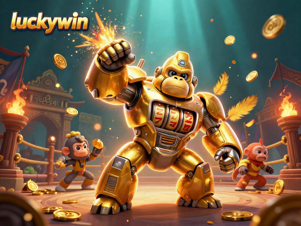 Experience thrilling action in luckywin's vibrant 3D casino world with dynamic golden mech and explosion of coins.