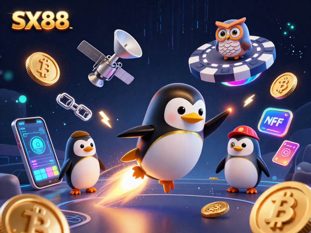 SX88 showcases vibrant gaming elements as a golden penguin rockets towards a casino space station.