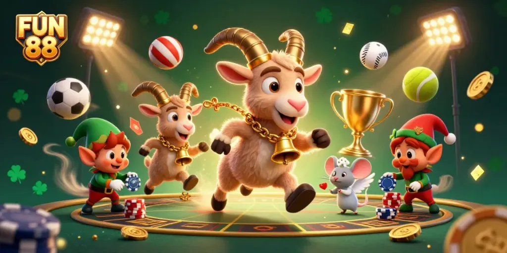 Experience FUN 88 with a lively 3D scene of characters managing a festive casino atmosphere.