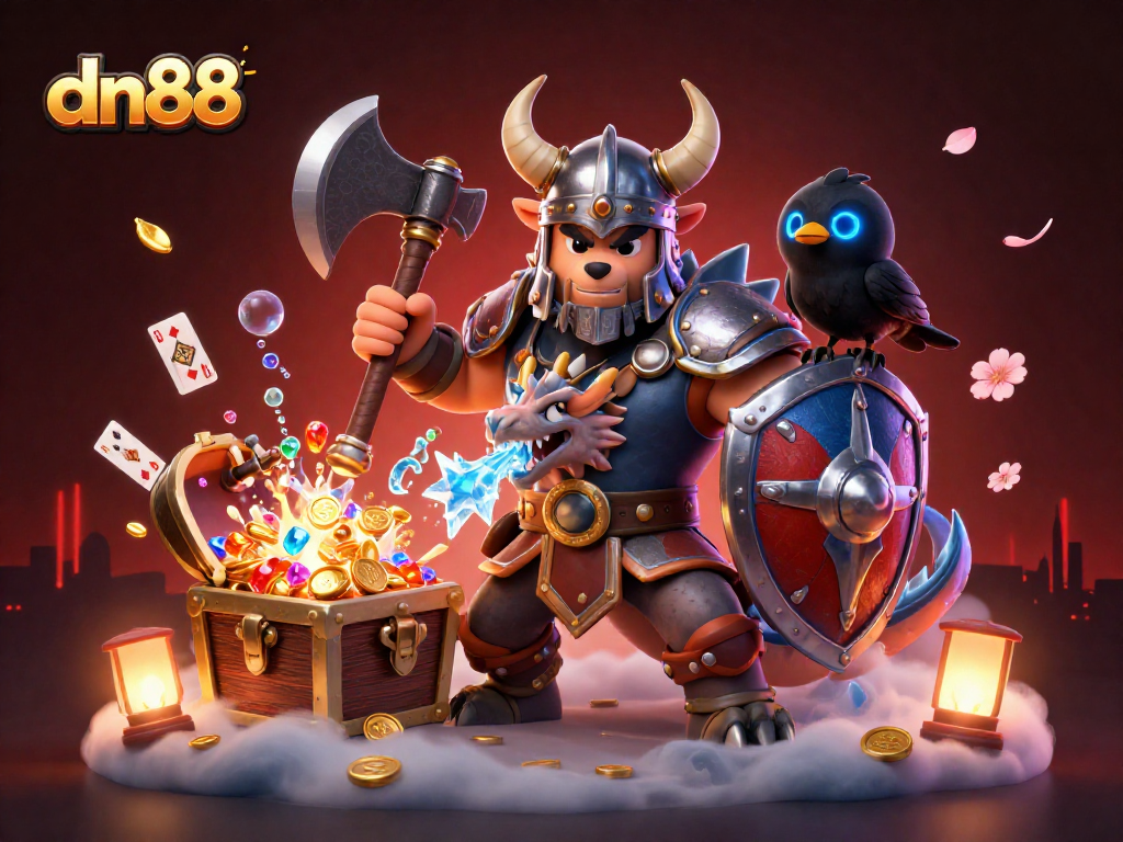 Play thrilling games at dn88 with Viking warrior and dragon in a dynamic casino scene!
