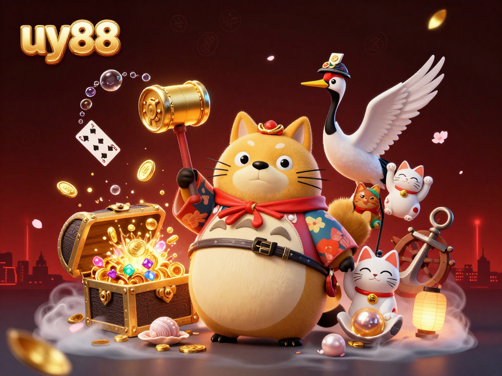 Experience winning at uy88 with a vibrant 3D illustration of joyful casino elements and luck symbols.