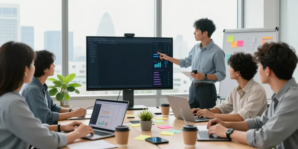 Team discussing innovative digital marketing strategies in a modern office environment; click here for insights.