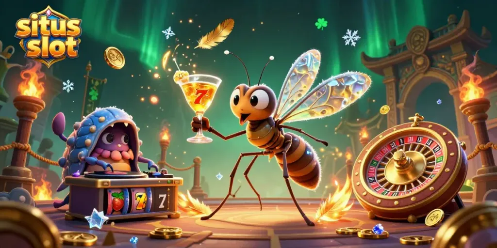 Engage with the exciting world of situs slot in a lively casino scene featuring unique characters and dynamic elements.