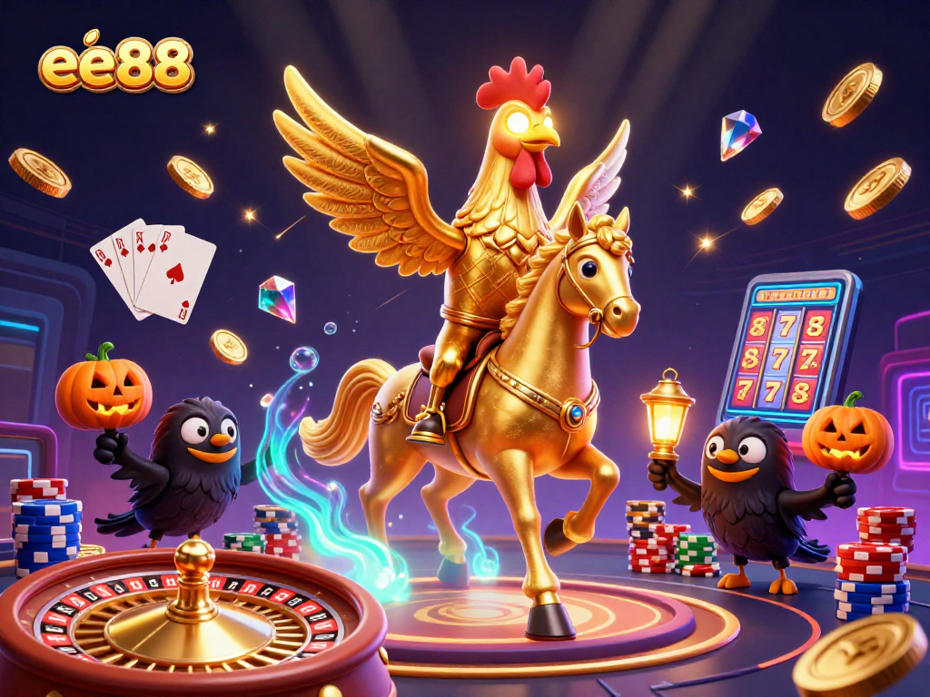 Experience the magic of ee88 with a golden rooster in a dazzling casino scene filled with excitement.