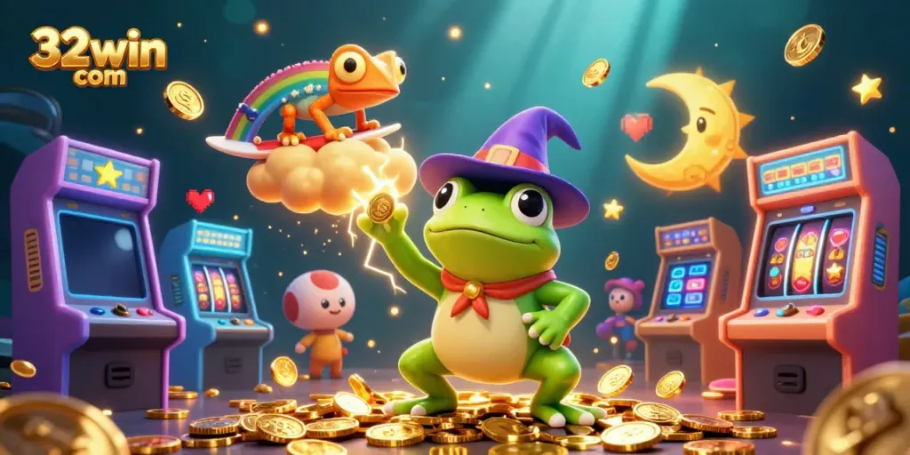 Experience casino thrills with 32win com showcasing golden coins and magical creatures.