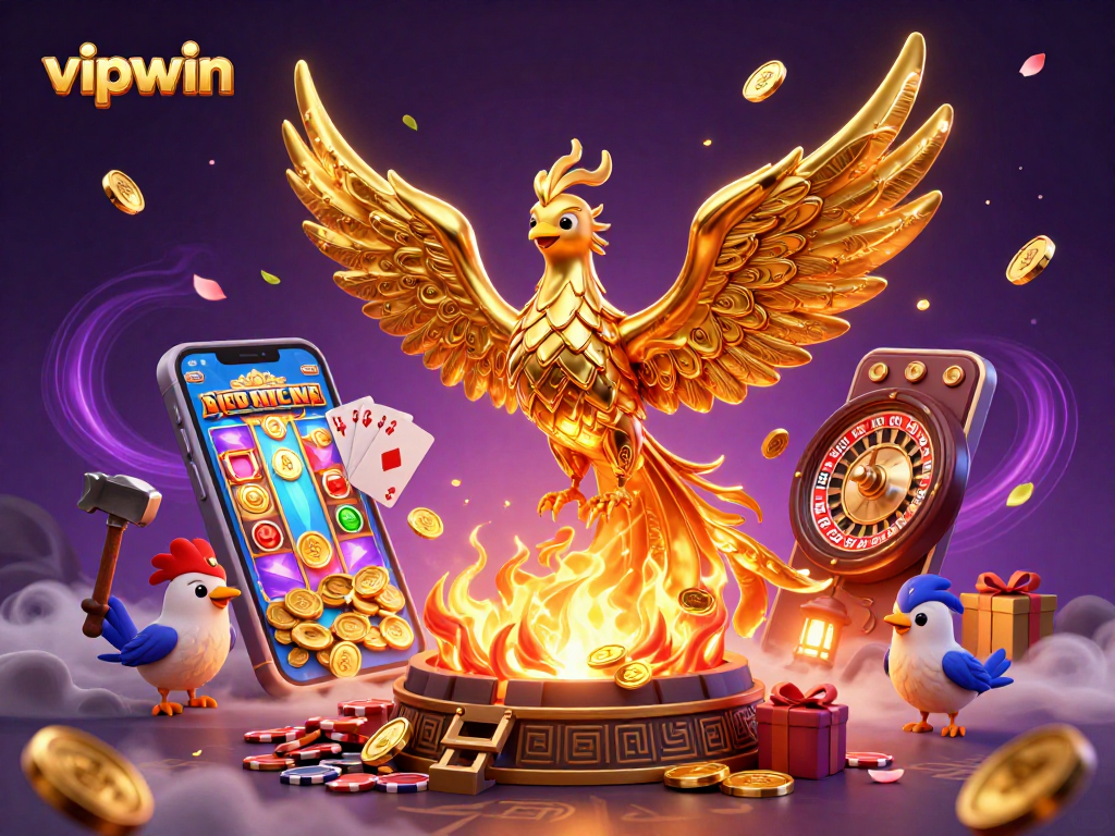 Experience winning strategies at vipwin with an ultra-detailed casino-themed illustration featuring a phoenix.