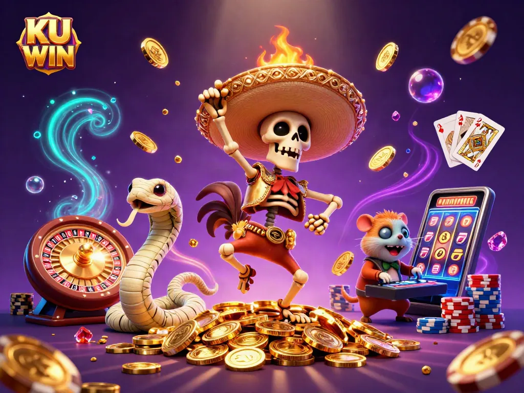 Celebrate KU WIN with a dynamic casino scene full of vibrant characters and golden gambling elements.