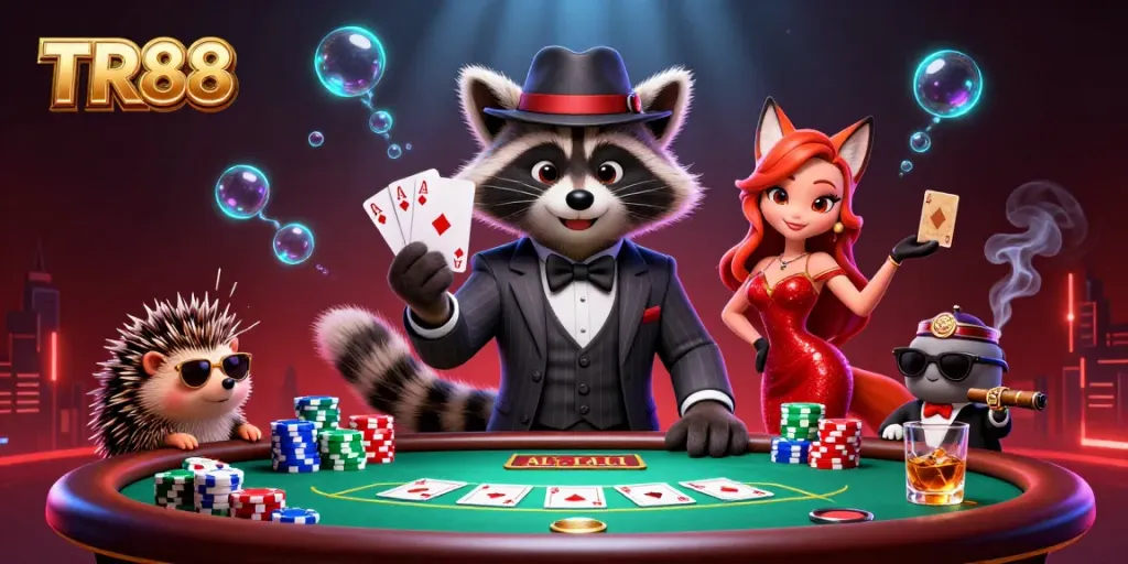 Experience TR88 in a vibrant casino scene featuring a suave raccoon with a royal flush.