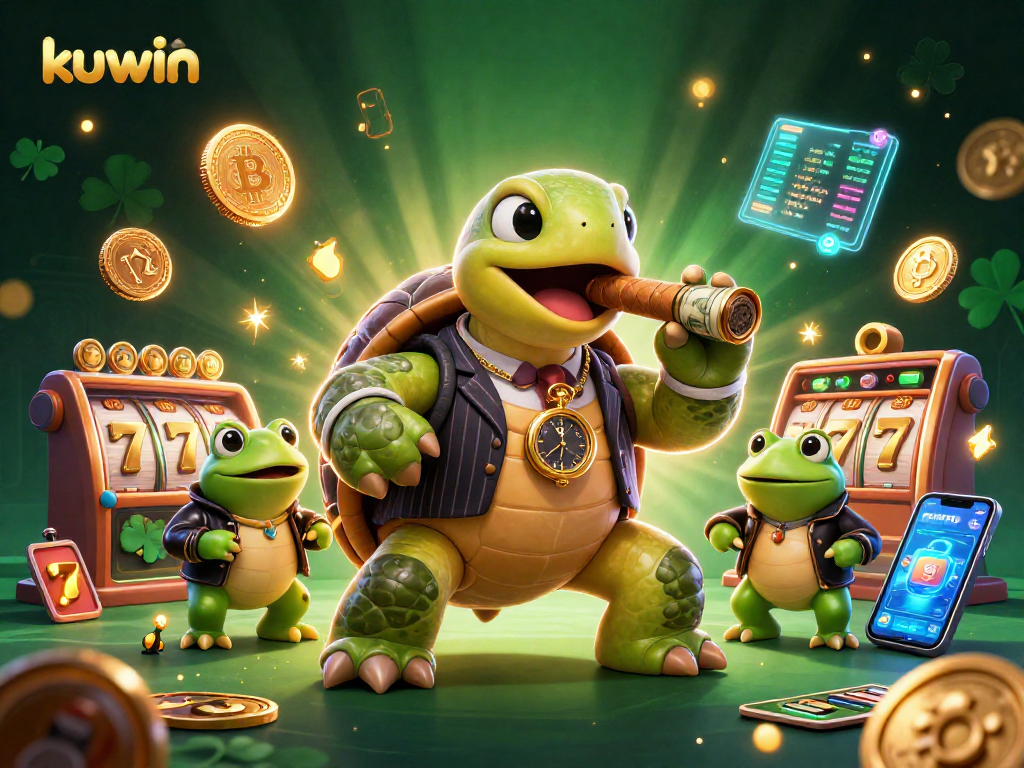 Experience thrilling game strategies with kuwin featuring 3D turtle mobster amidst vibrant casino elements.