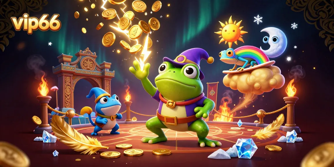 Experience the excitement at vip66 casino with animated characters surrounded by gold coins and gaming elements.