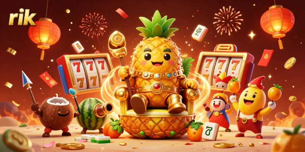 Engage in the joyful festivities of rik's online casino scene with vibrant characters and game elements.
