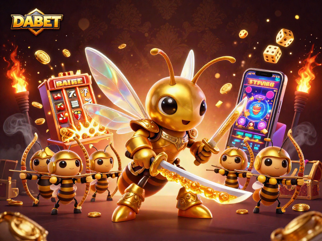 DABET offers an exciting casino atmosphere featuring a golden hornet samurai amidst slot machines and jackpots.
