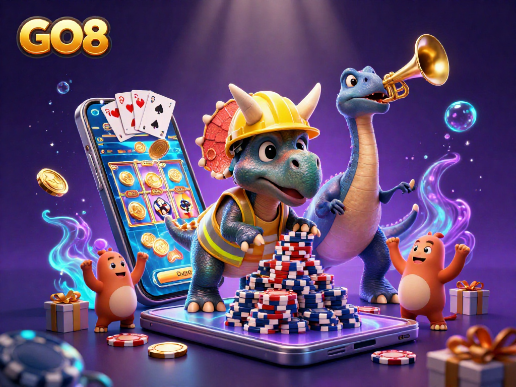 Engage with GO8's vibrant casino world filled with poker chips, slot games, and excitement.