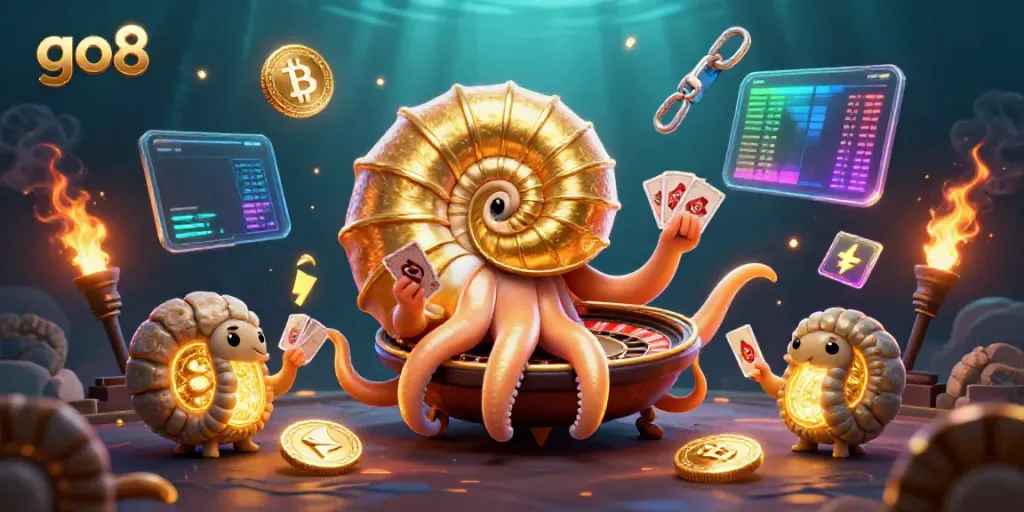 Engage in exciting games at go8 with our vibrant 3D casino scene featuring ancient elements and crypto coins.