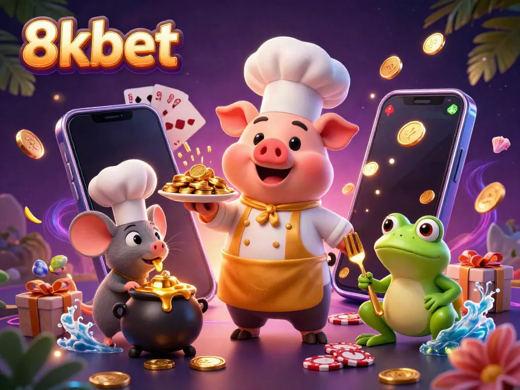 8xbet features an engaging scene with a pig chef and gold coins, showcasing the excitement of online gaming.