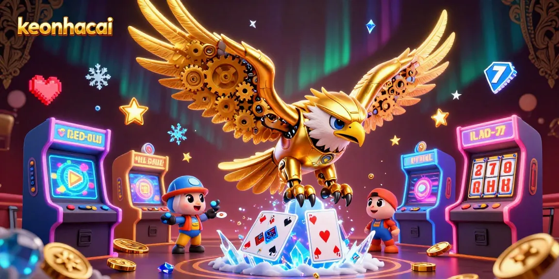 Experience the thrill of keonhacai with cybernetic eagle navigating holographic cards in this vibrant casino scene.