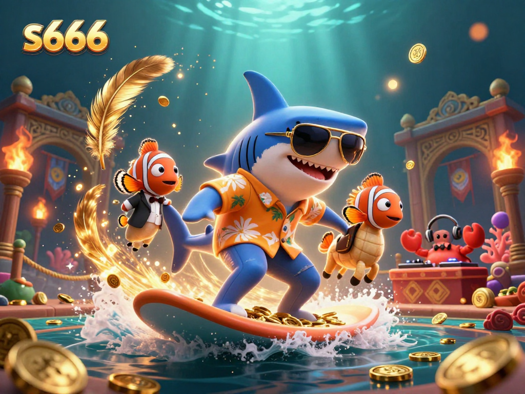 Join the excitement at S666 with a hammer-head shark surfing on coins in a vibrant underwater scene.