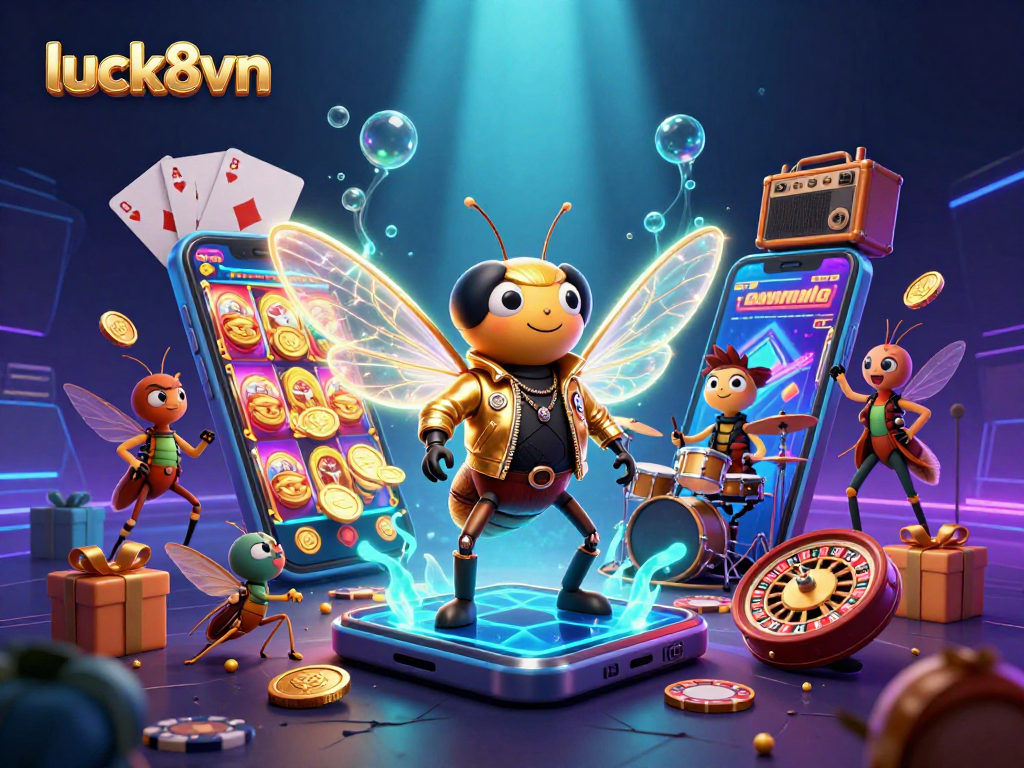 Experience excitement at luck8vn with vibrant 3D casino elements and a lively rock star scene.