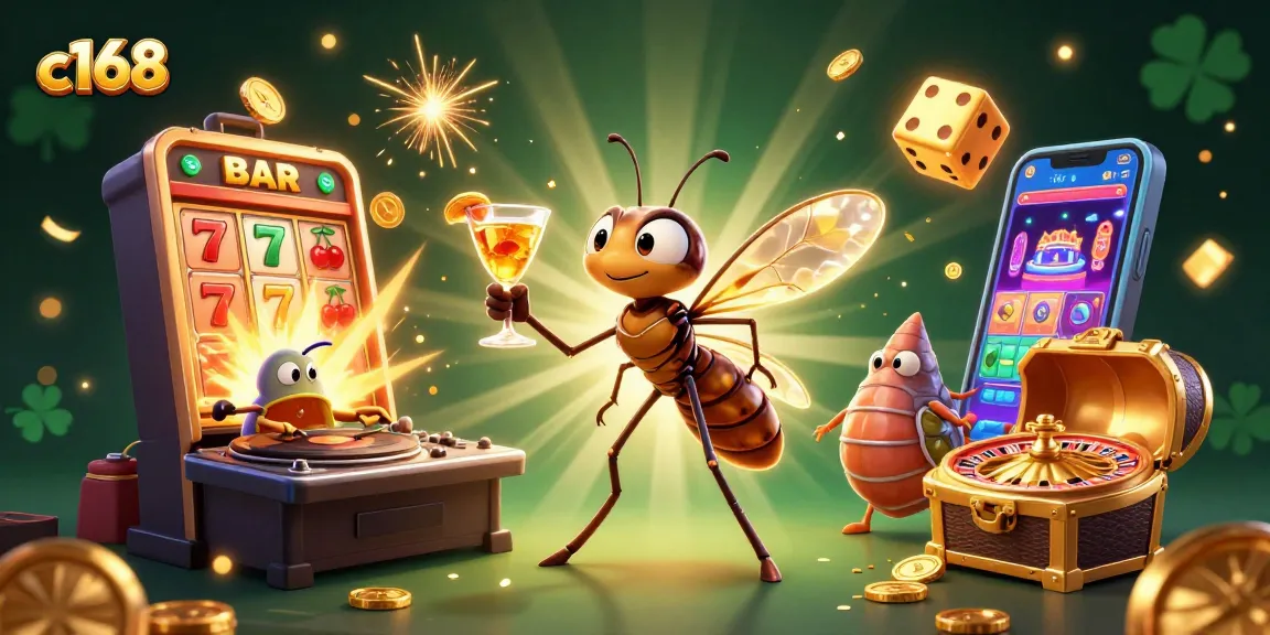 Experience the thrills of c168 with a vibrant casino-themed illustration featuring unique characters and jackpots.