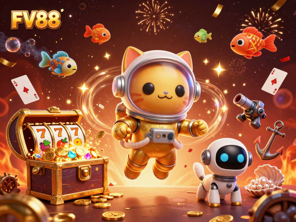 Engage with FV88's cosmic gaming adventure featuring vibrant slot games and playful characters.