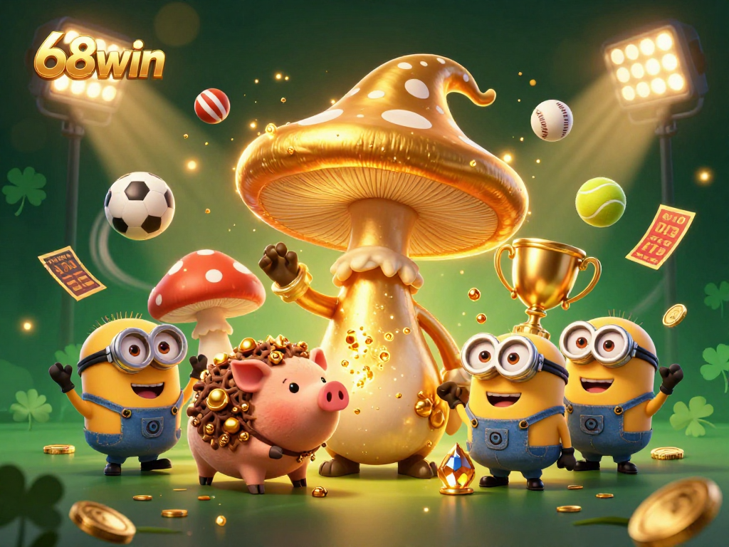 Win big with the 68win gaming experience featuring a golden mushroom wizard and treasure.
