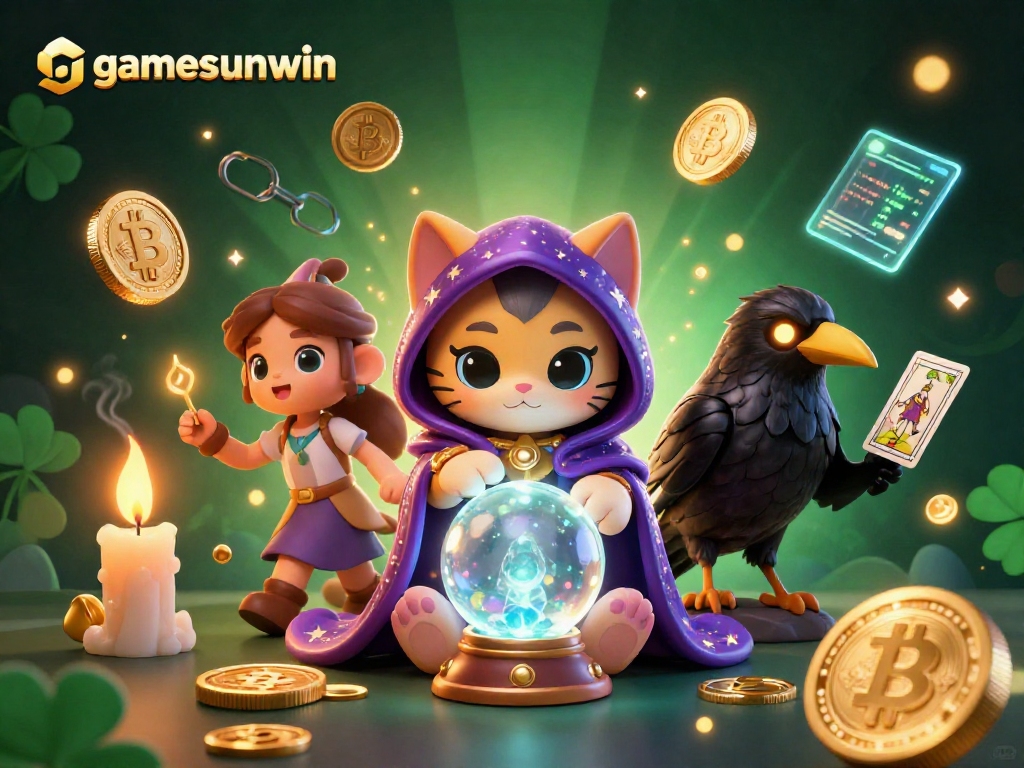 Immerse in the gamesunwin experience with a vibrant casino scene featuring a mystic cat, glowing cards, and crypto elements.