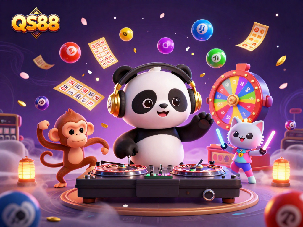 Experience the excitement of QS88 with a lively digital casino scene featuring a DJ panda and friends.