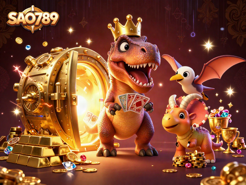 Shuffle cards and enjoy treasures at SAO789 with friendly dinosaur characters in a vibrant casino scene.