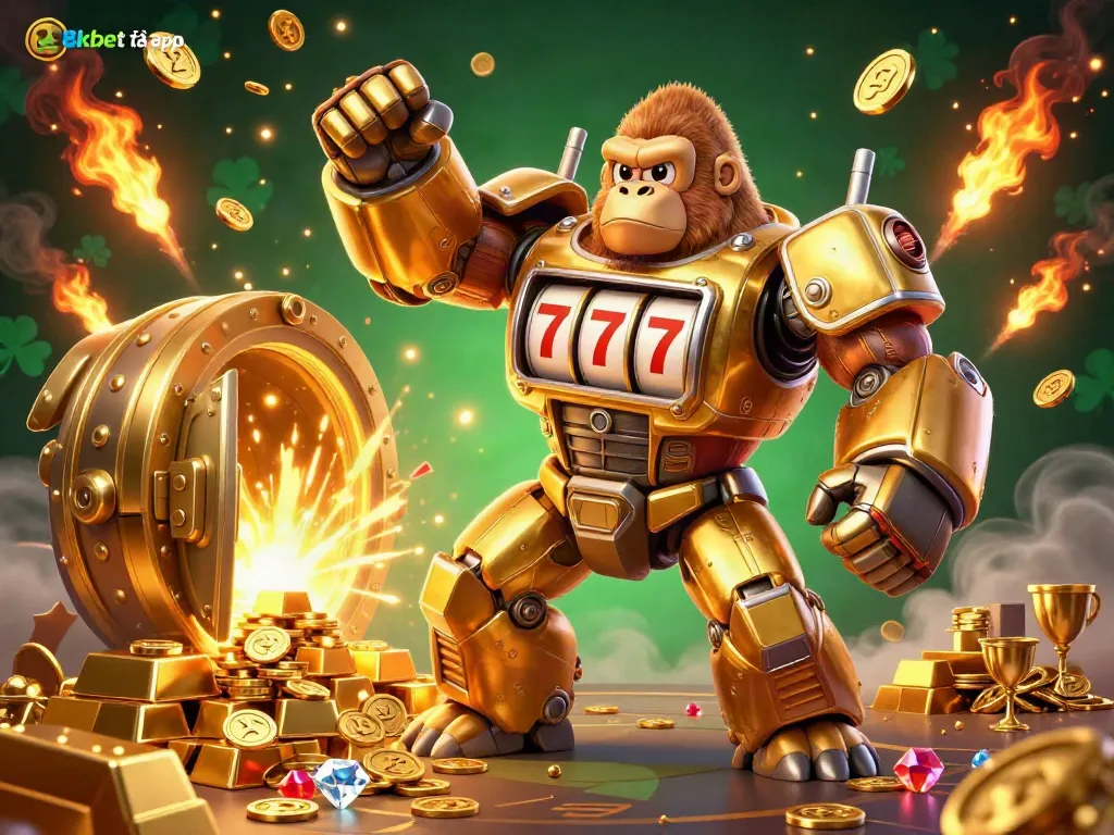 Experience the thrill of the 8xbet tải app with a dynamic scene showcasing a golden gorilla mech and treasure elements.