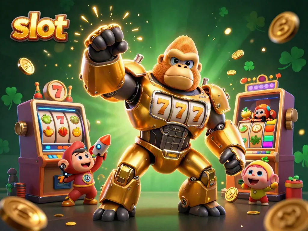 Slot menampilkan gorila mech yang terbuat dari bagian mesin slot, menembakkan koin.