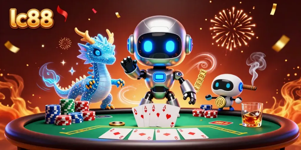 Engage in exciting gambling at LC88 with a vibrant casino scene featuring cartoon characters and poker elements.