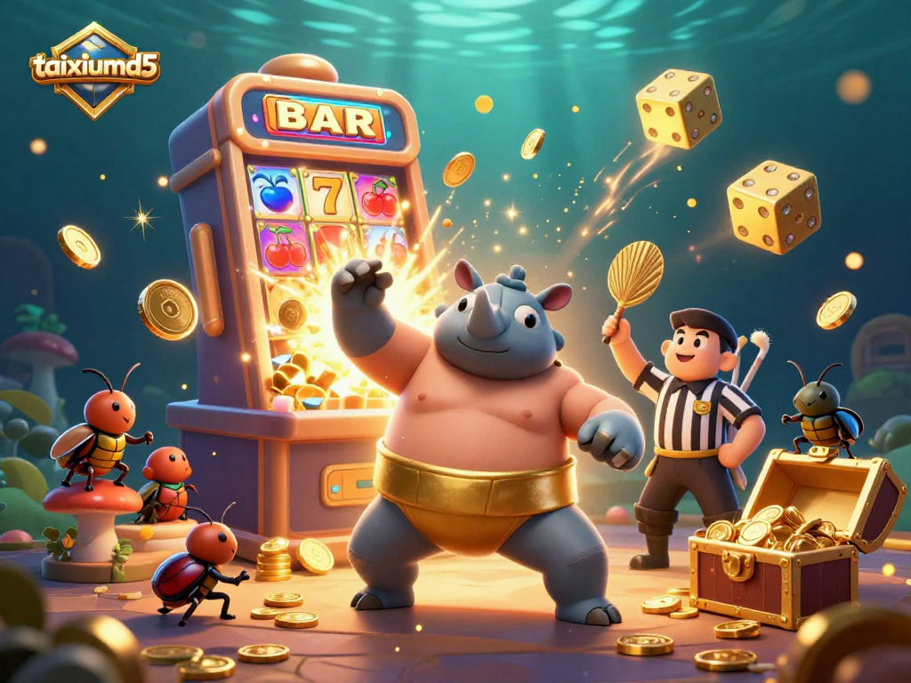 Experience the thrill of taixiumd5 as a cartoon rhinoceros beetle champion stomps coins in a vibrant casino scene.