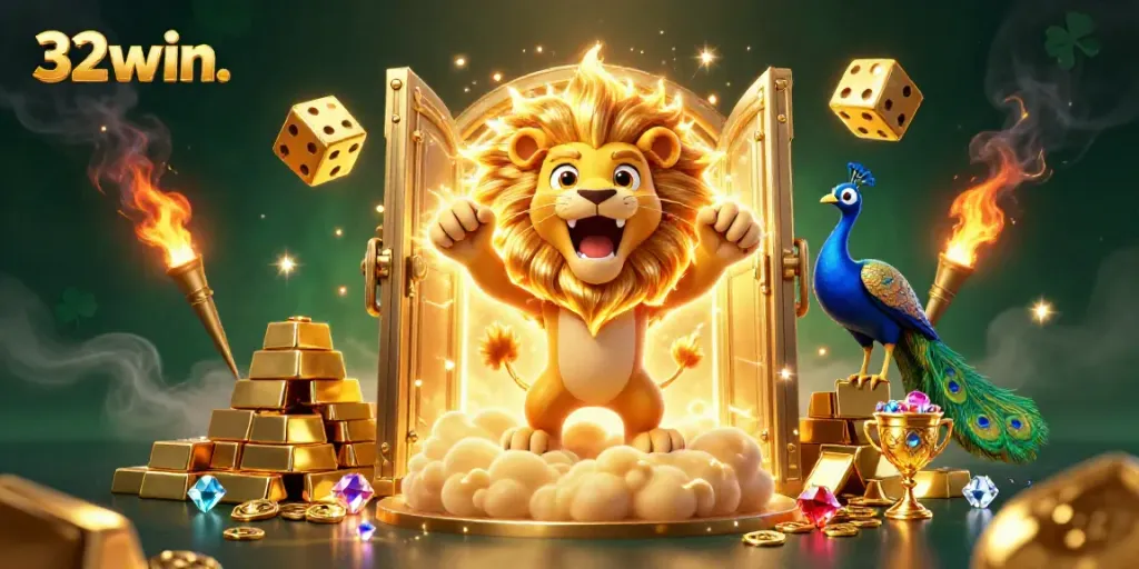 Experience thrilling wins with 32win. as the lion roars on a vibrant casino-themed treasure scene.