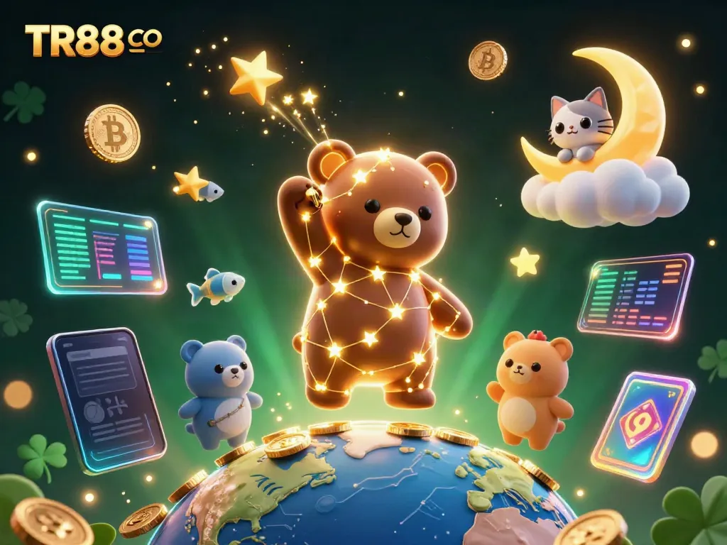 Experience thrilling wins with TR88 CO in a magical cartoon casino scene filled with sparkling coins and creatures.