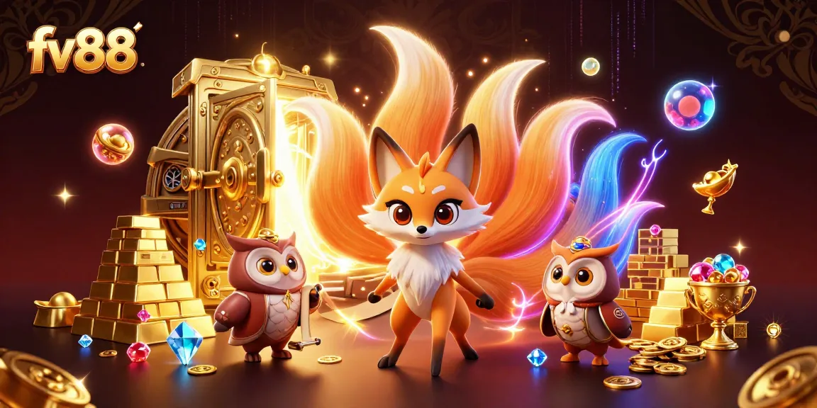 Experience thrilling jackpots with fv88's vibrant 3D illustrated characters and casino elements.