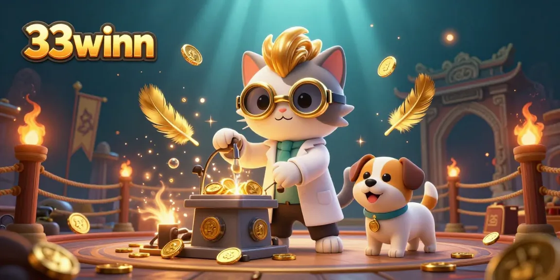 Engage with 33winn in this vibrant casino action scene showcasing a mad scientist cat and dog amidst gold coins and dynamic game elements.