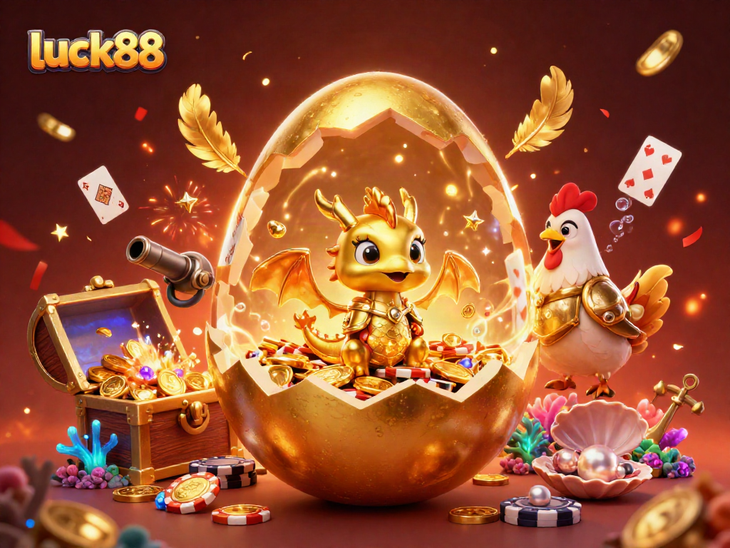 Experience luck88's exciting adventures in a vibrant, magical 3D casino scene filled with treasures and joy.