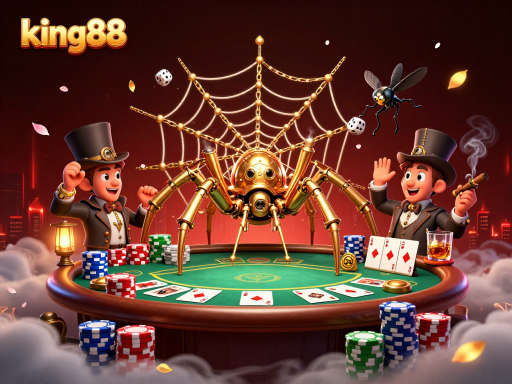 King88 showcases an intricate steampunk casino scene with dynamic poker gameplay and vibrant details.