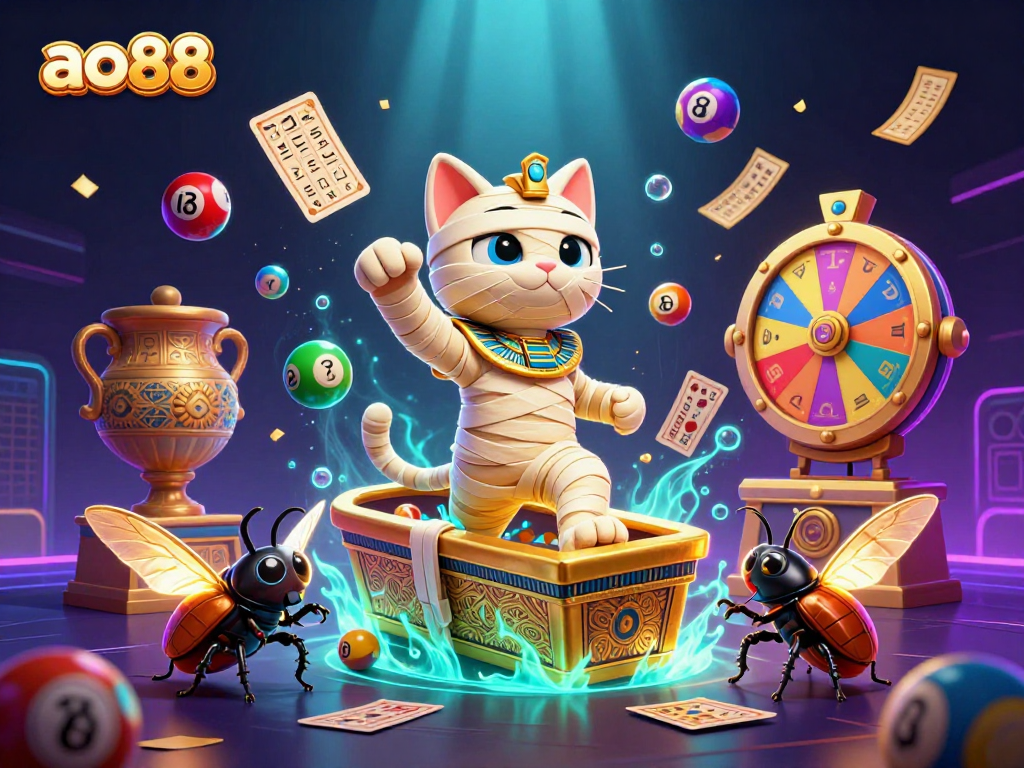 Experience the excitement of ao88 with a vibrant 3D illustration of a mummy cat casino scene filled with games and dynamic elements.