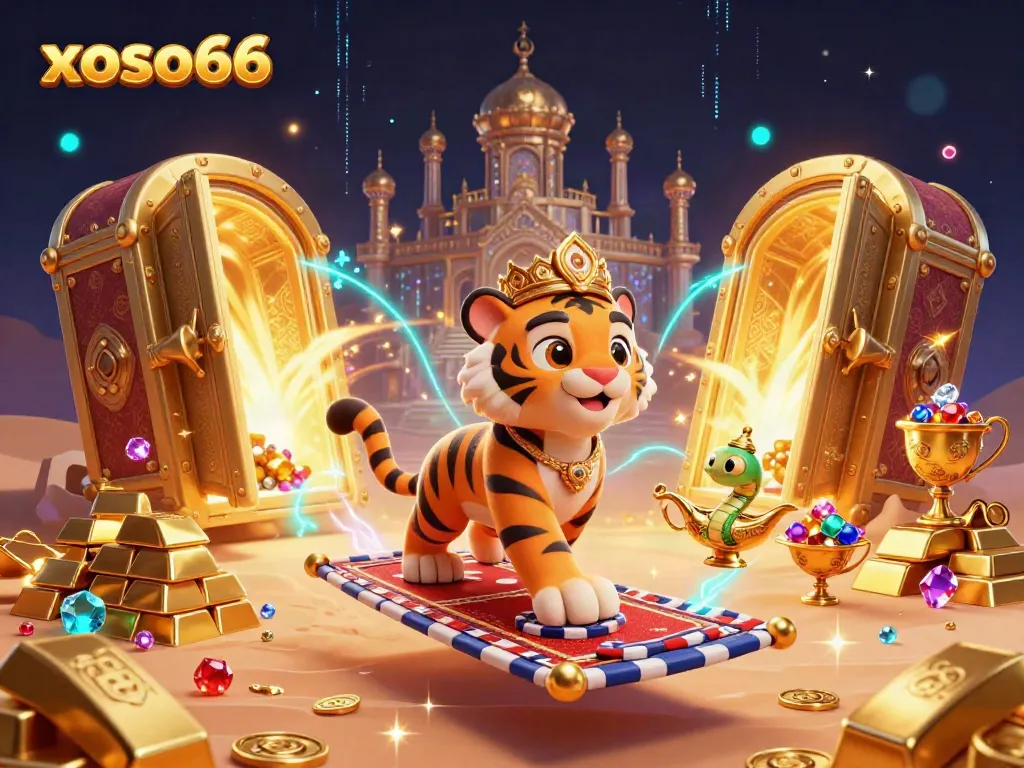 Experience the thrilling world of xoso66 with a vibrant, illustrated scene featuring a tiger sultan on a poker chip carpet.