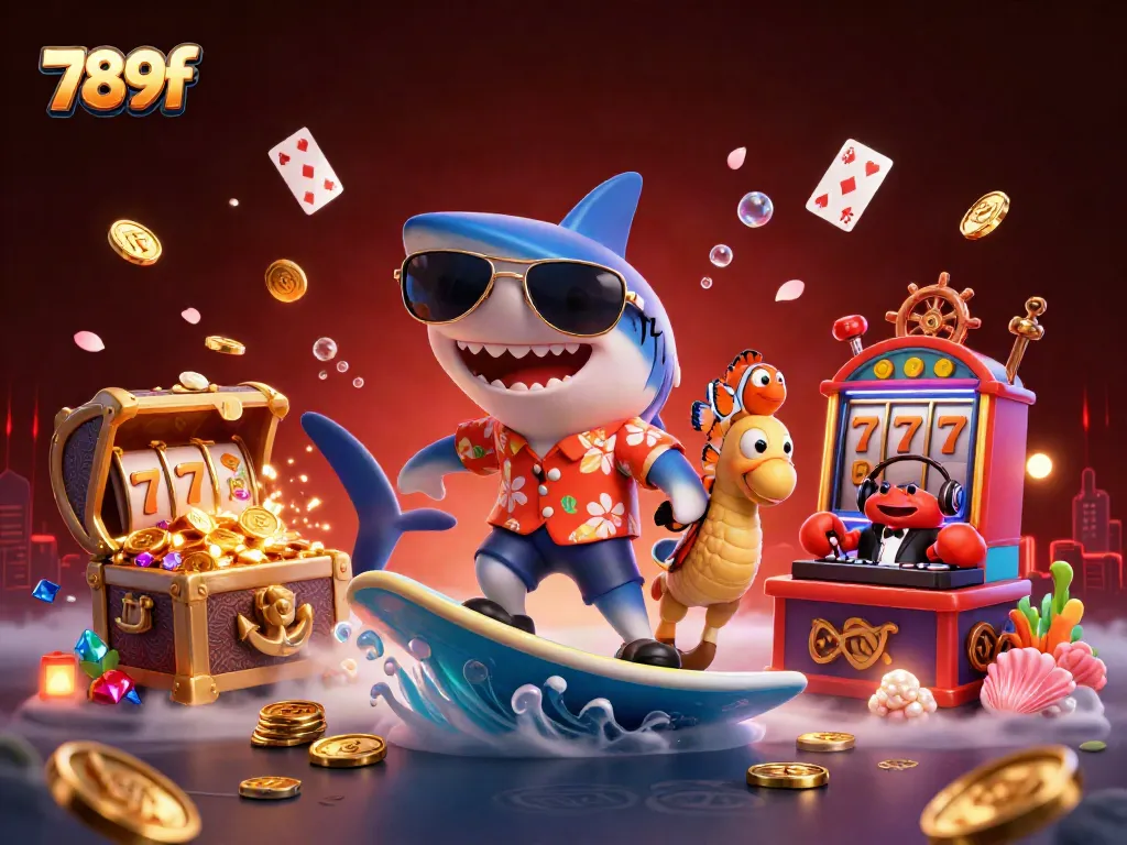 Experience thrilling casino adventures with 789f through a vibrant underwater scene filled with gold coins and slot games.