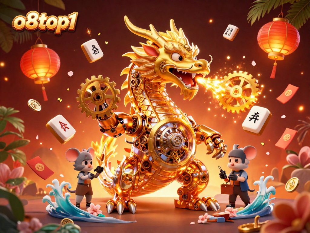 Experience o8top1 with a vibrant scene showcasing a golden dragon and game symbols for action.