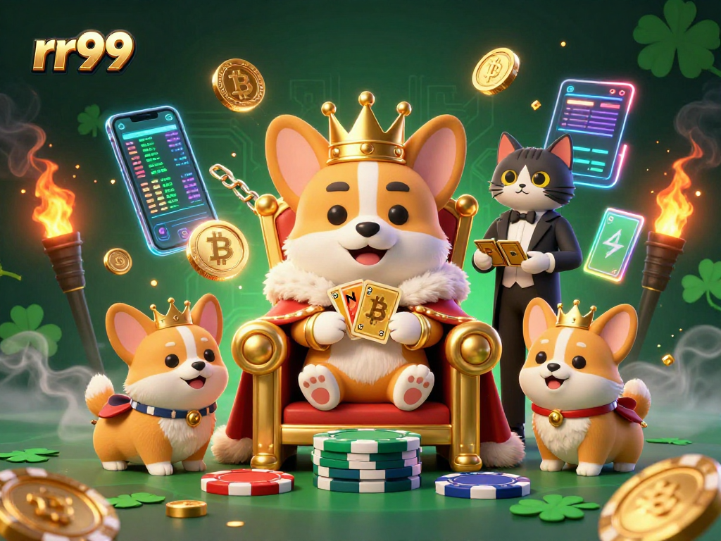 Experience excitement at rr99 with a royal corgi ruling from a poker throne amidst glowing cryptocurrencies.