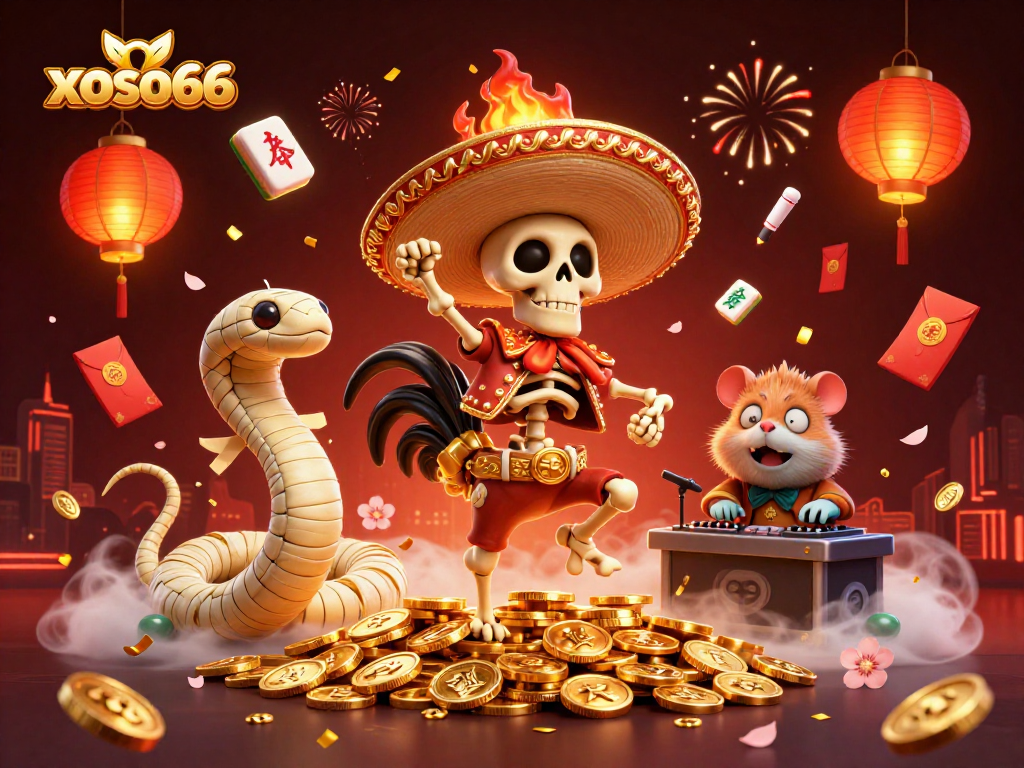 Experience the excitement of xoso66 with a vibrant 3D casino scene featuring a dancing mariachi rooster, mummy snake, and DJ hamster.