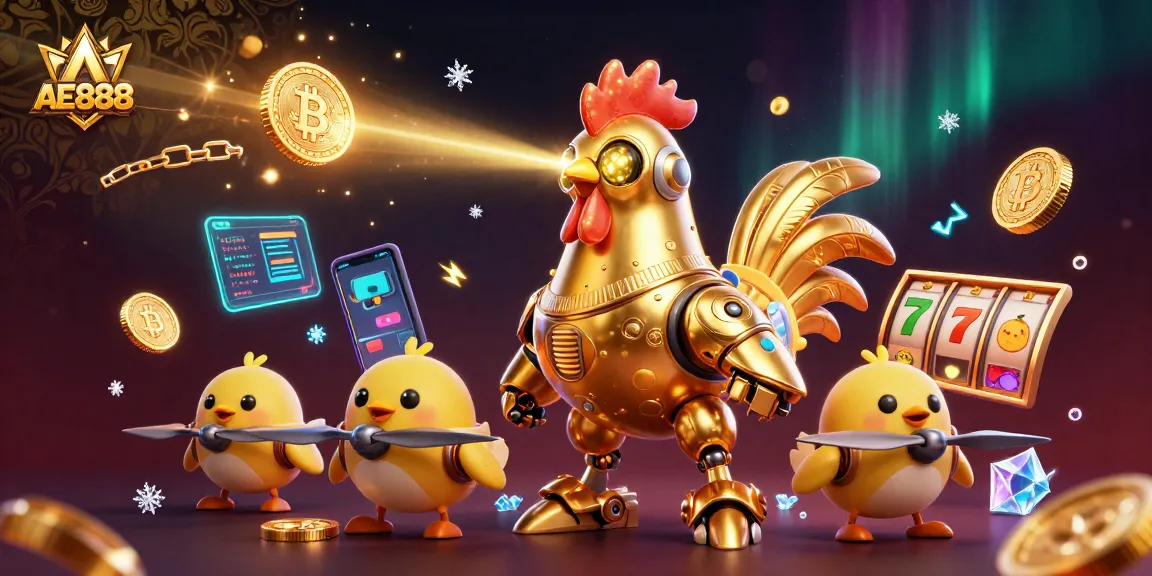 Engage with AE888's thrilling slot experience featuring a dazzling golden rooster robot.