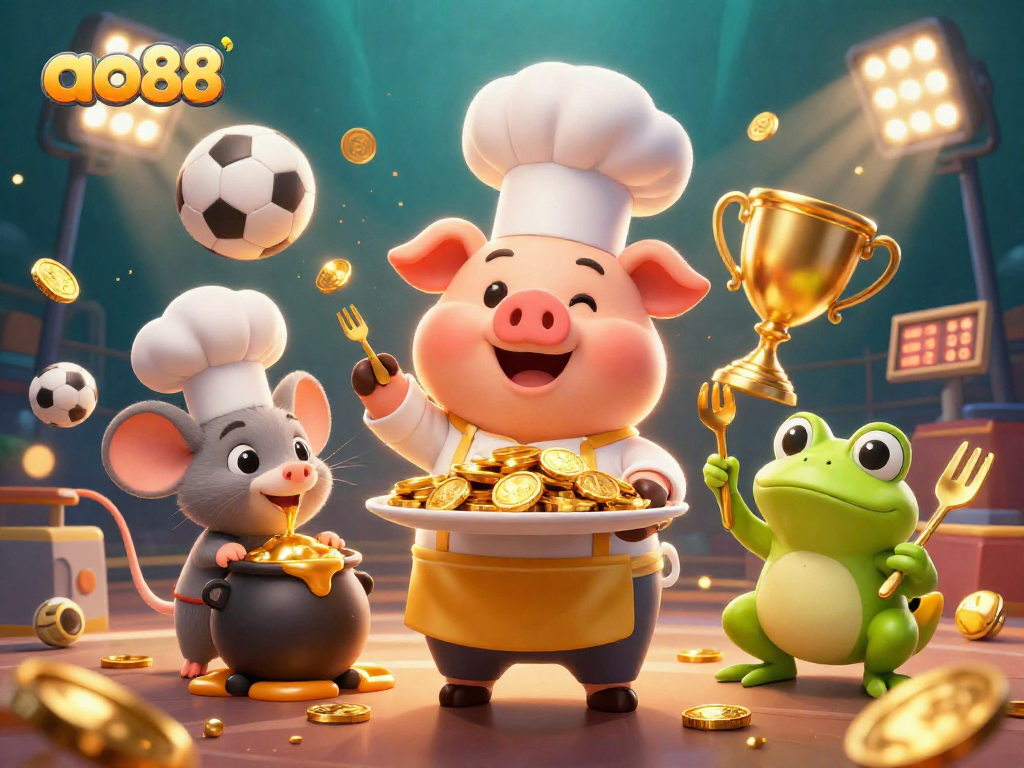 Experience the thrill of winning with ao88, featuring a lively scene of chef pig and characters amidst gold coins and sports elements.